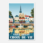 Poster rétro illustré du quai animé et des terrasses à Saint-Gilles-Croix-de-Vie