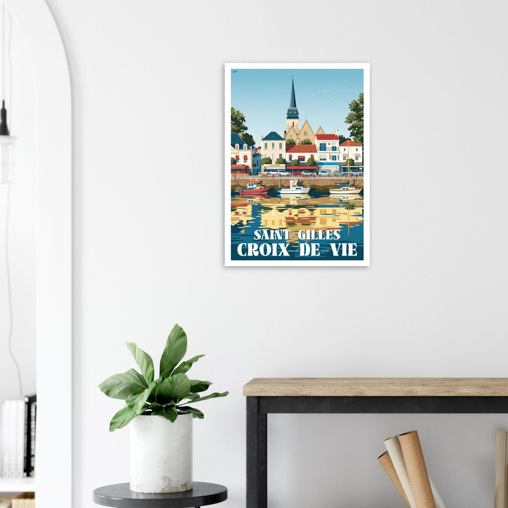 Poster de voyage vendéen sous cadre posé sur une console en bois clair