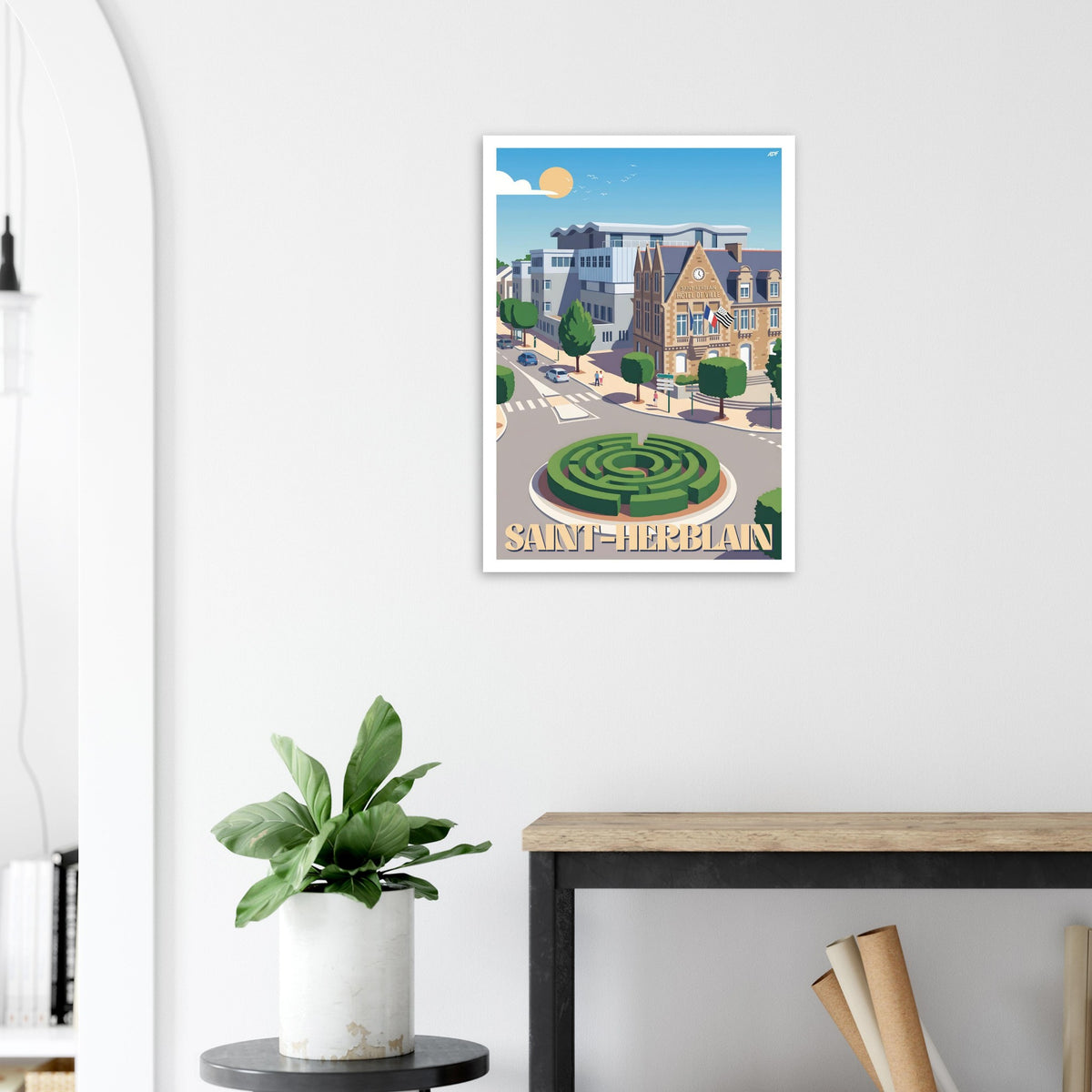 Décoration murale lumineuse avec le poster illustré de Saint-Herblain dans un intérieur épuré