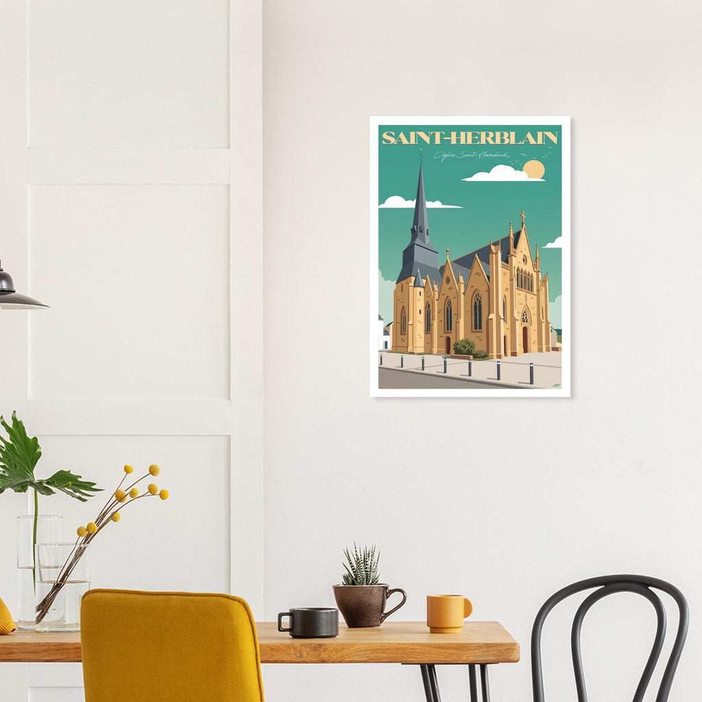 Affiche encadrée de l'église de Saint-Herblain fixée au mur d'une salle à manger contemporaine