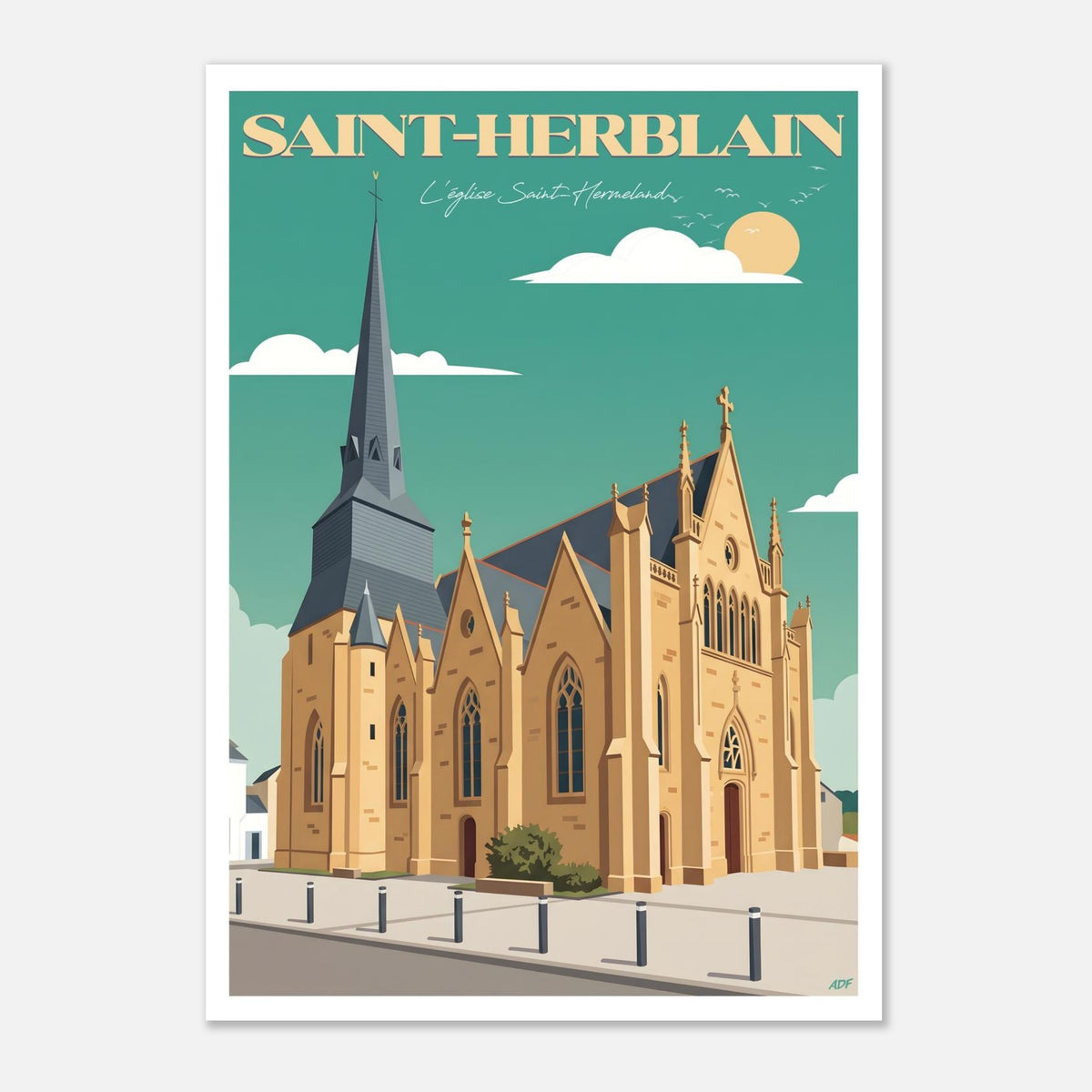 Poster rétro illustré de l'église Saint-Hermeland à Saint-Herblain près de Nantes