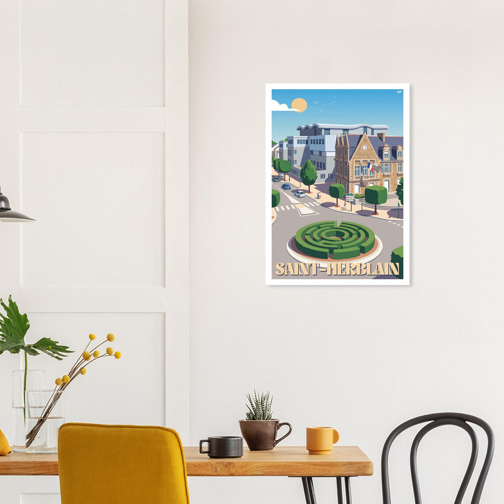Affiche encadrée de Saint-Herblain fixée au mur d'une salle à manger contemporaine au-dessus d'une table