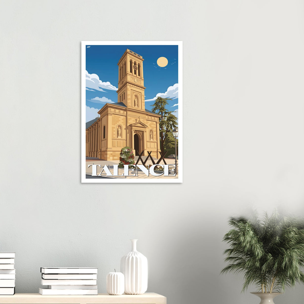 Poster de voyage de Talence sous cadre posé sur une console en bois clair