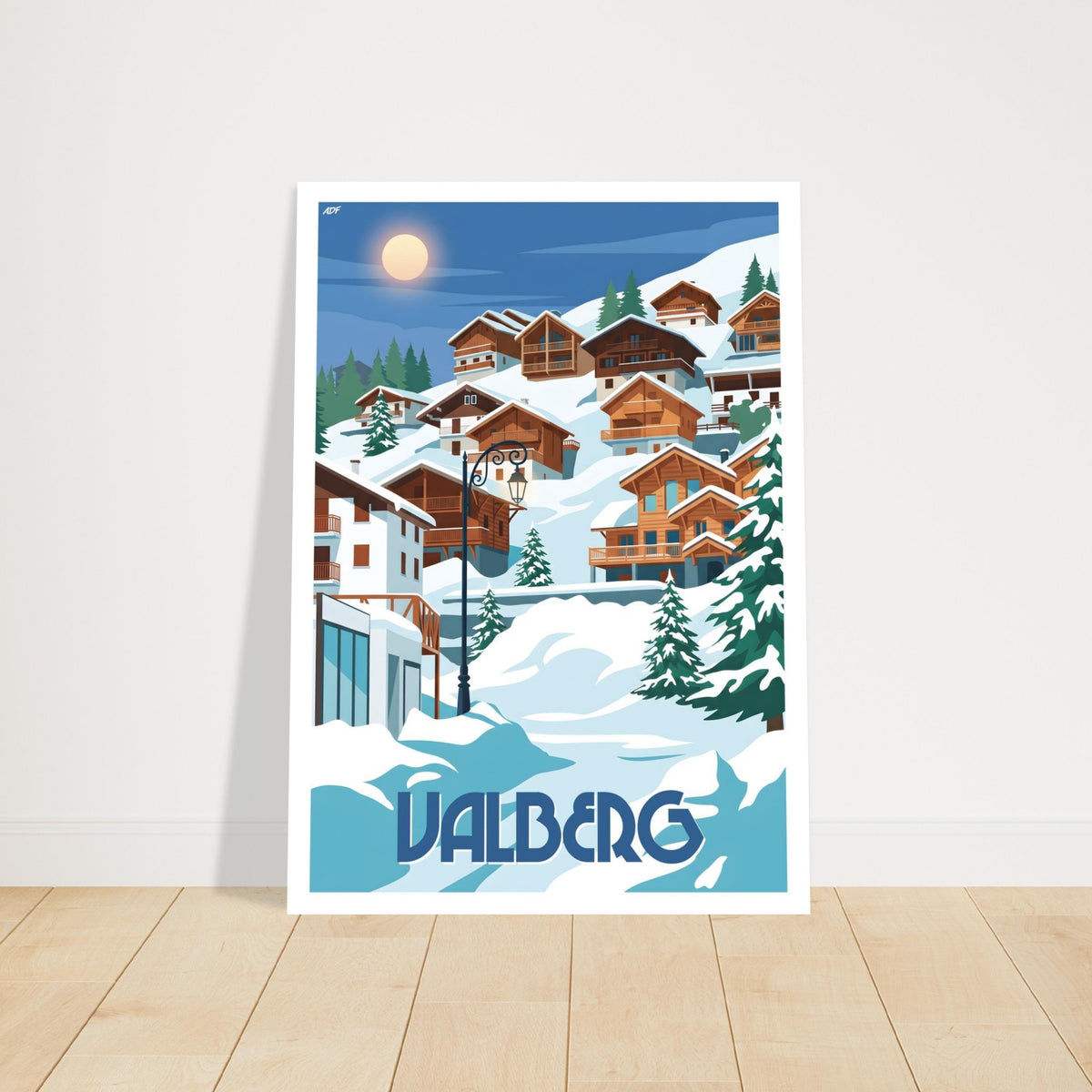 Poster de voyage de Valberg disposé sur une console moderne en bois clair dans une entrée