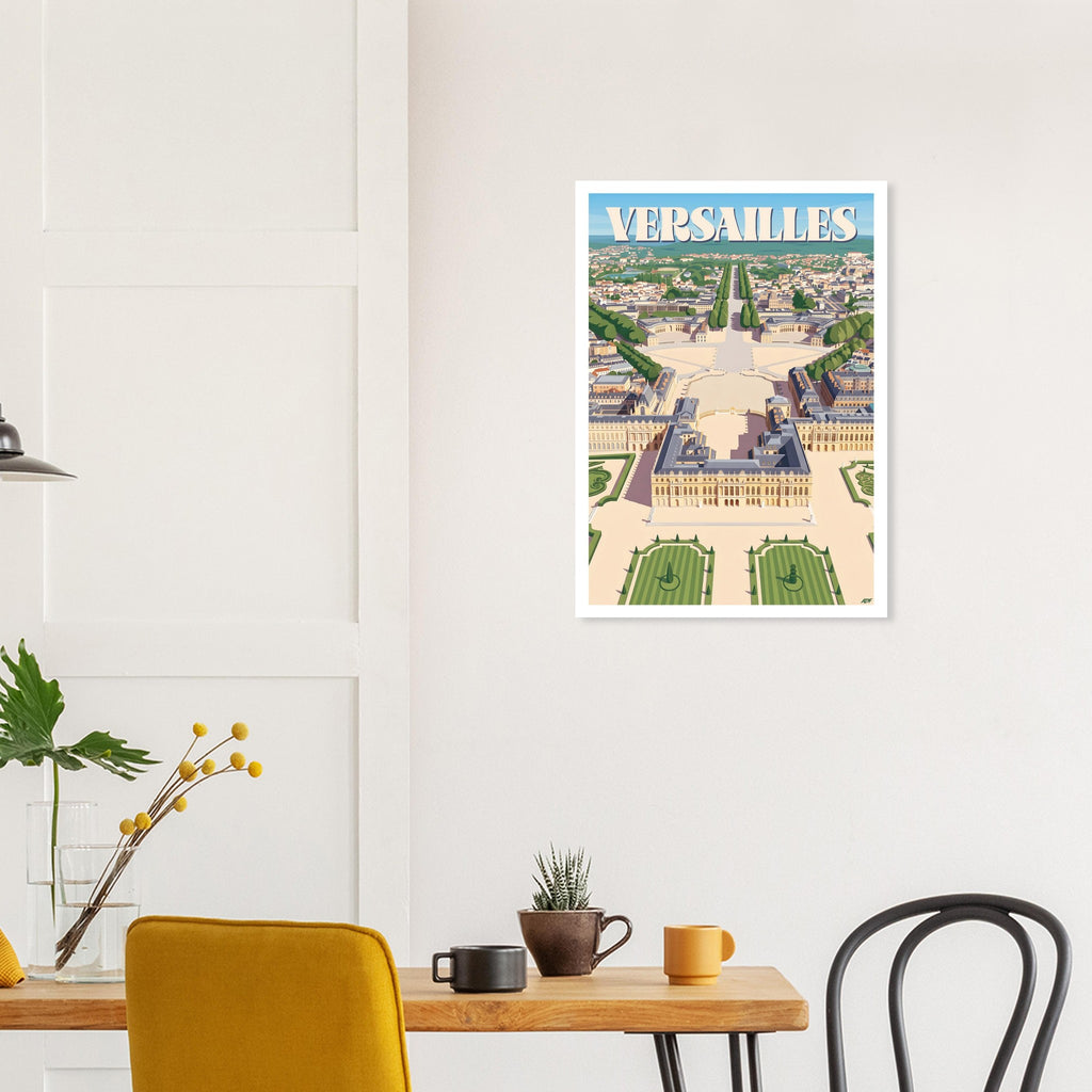 Tirage d'art illustré de Versailles accroché au-dessus d'une table à manger