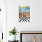 Poster de voyage de Versailles sous cadre posé sur une console moderne avec plante verte