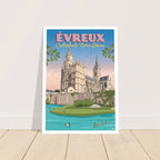 Illustration graphique rétro de Notre-Dame d'Évreux et de son architecture gothique normande