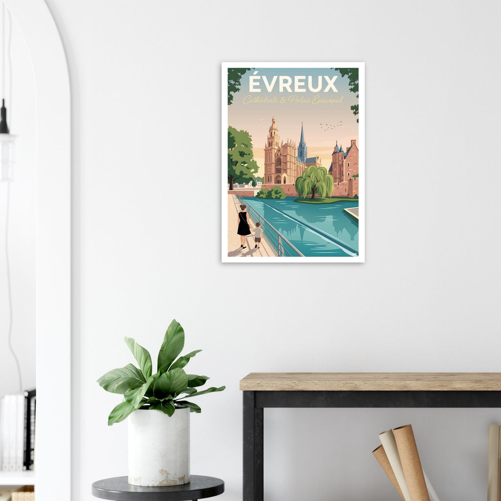 Illustration néo-rétro de la cathédrale Notre-Dame d'Évreux dans l'Eure en Normandie