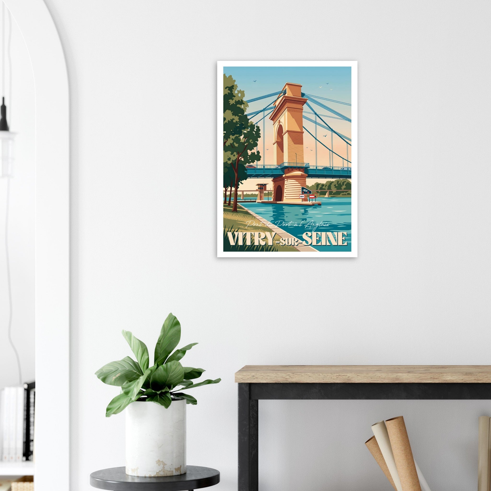 Poster de voyage du pont du Port à l'Anglais sous cadre posé sur une console en bois clair