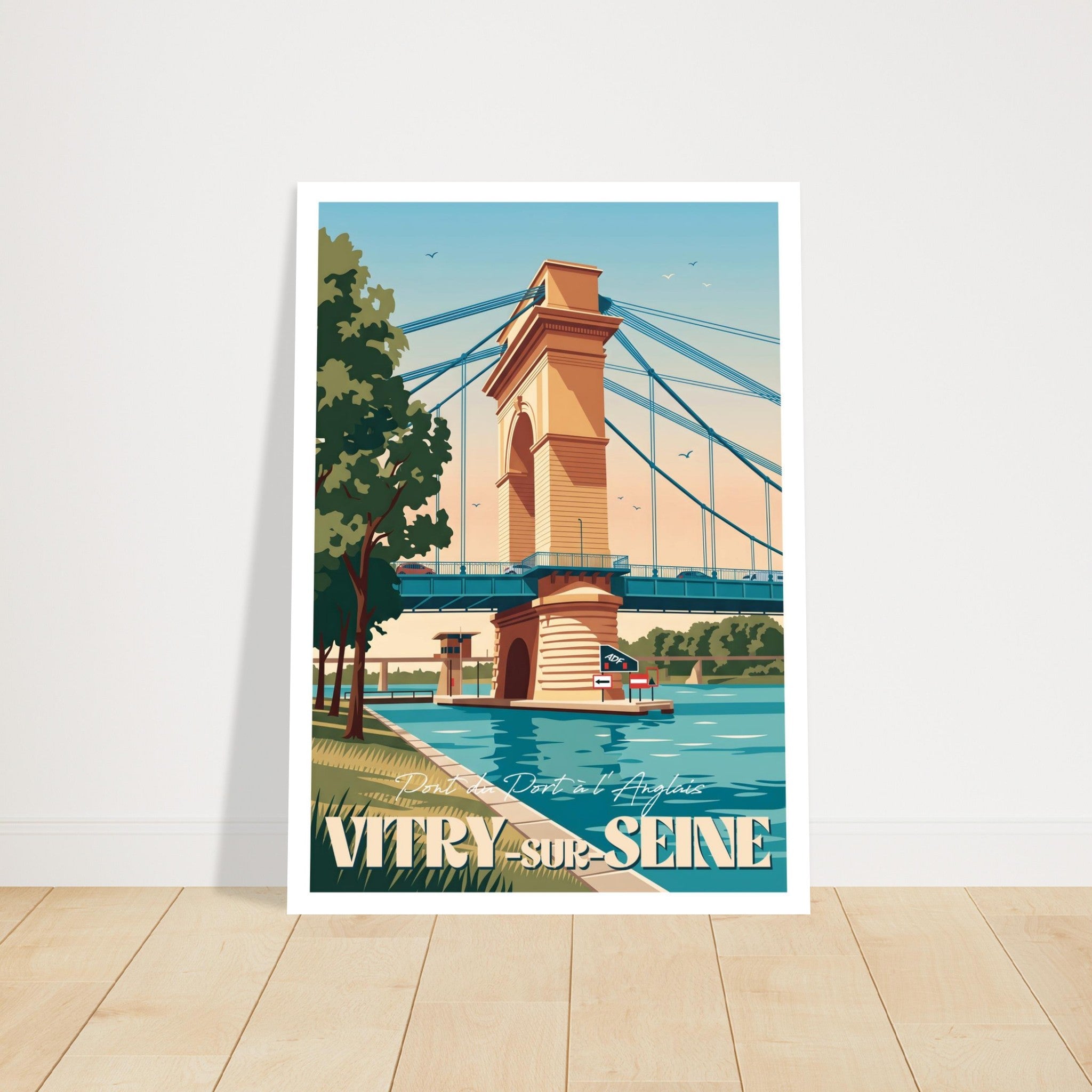 Grand poster encadré du pont du Port à l'Anglais posé au sol sur du parquet en bois