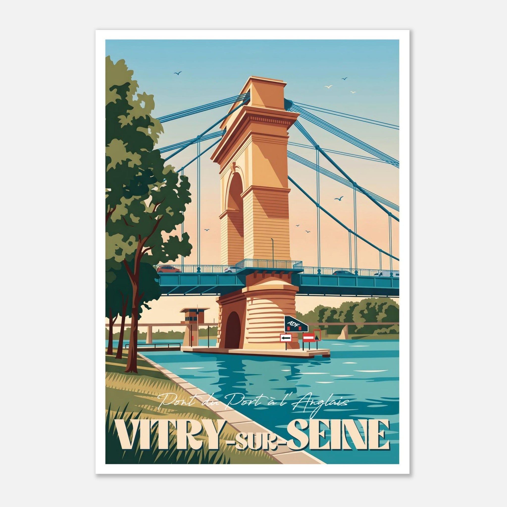 Poster rétro illustré du pont du Port à l'Anglais entre Vitry-sur-Seine et Alfortville