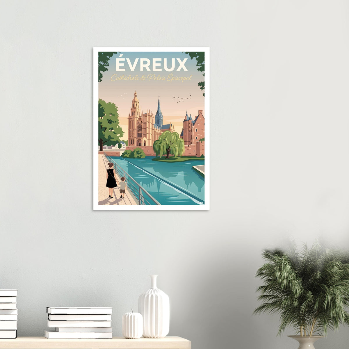 Tirage d'art d'Évreux grand format au mur d'un espace repas avec chaise design en bois